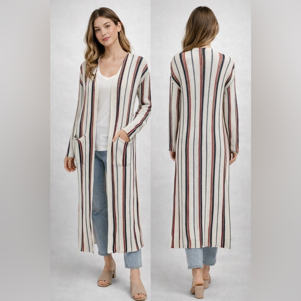 Lost + Wander Striped Knit Duster Cardigan Cream Red Blue XS S Women Boho